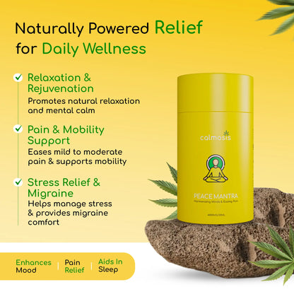 Yellow container with cannabis leaves on a yellow background, promoting natural wellness products.