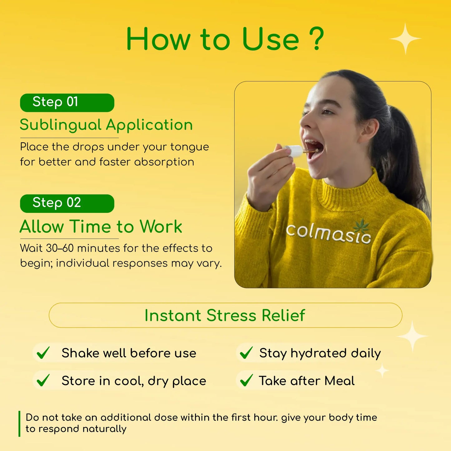 Instructions on how to use a CBD product with a person in a yellow sweater, featuring Calmosis branding.