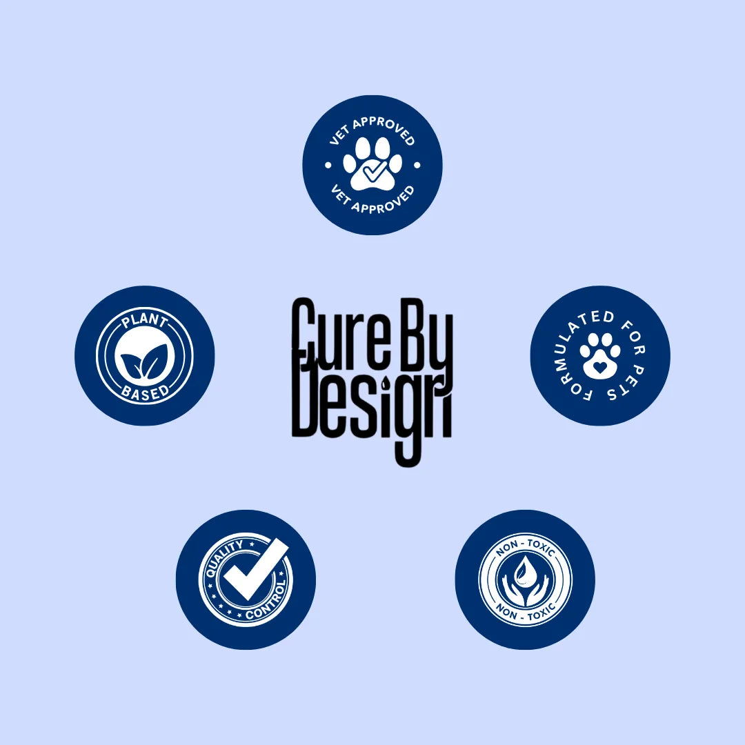 Collection of logos and badges with 'Cure by Design' text on a light blue background