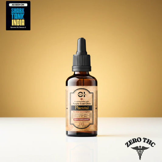 An amber glass dropper bottle labeled 'Cannazo Placediol CBD Drops' with Zero THC, set against a warm gold gradient background with a white surface below. A 'Zero THC' logo is visible in the bottom right corner, and an 'As Seen On Shark Tank India' badge is in the top left.