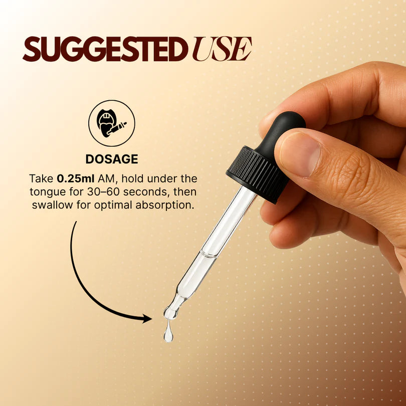 Hand holding a dropper with suggested use text on a beige background