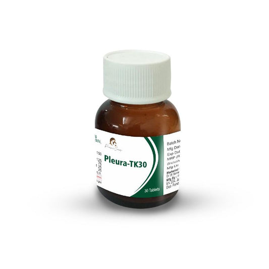 Brown bottle with a white cap labeled "Pleura-TK30, 30 Tablets" by Paarmi Cares.