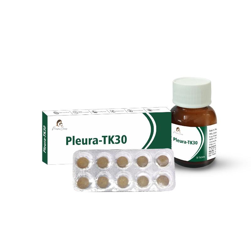 Paarmi Cares Pleura-TK30 packaging with a box, blister pack of tablets, and a brown bottle.