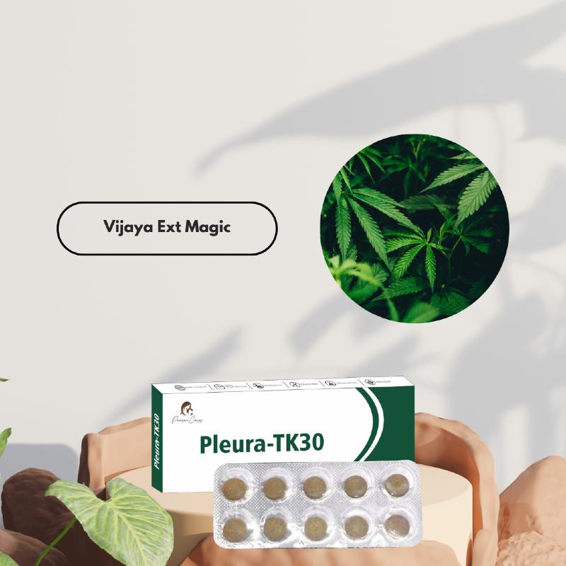 "Paarmi Cares Pleura-TK30 product with blister pack of tablets, cannabis leaves inset, and text 'Vijaya Ext Magic.'"