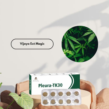 "Paarmi Cares Pleura-TK30 product with blister pack of tablets, cannabis leaves inset, and text 'Vijaya Ext Magic.'"