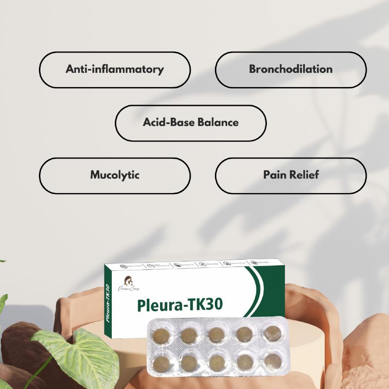  Packaging of Pleura-TK30 tablets by Paarmi Cares with text listing the benefits: Anti-inflammatory, Bronchodilation, Acid-Base Balance, Mucolytic, Pain Relief.