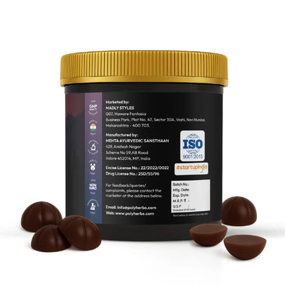 Black container with gold lid and chocolate-like CBD Gummies products on a white background