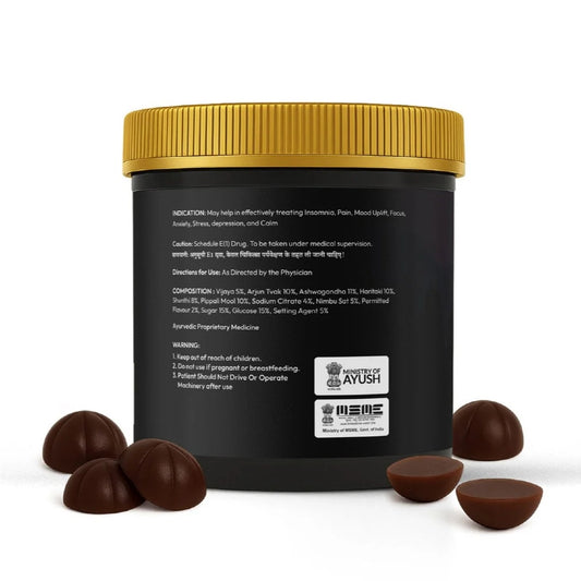 Black container with gold lid and chocolate-like CBD Gummies products on a white background