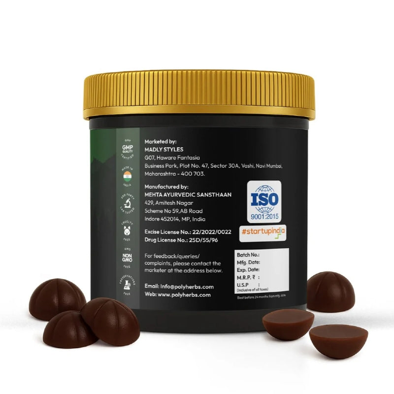 Black container with gold lid and chocolate-like CBD Gummies products on a white background