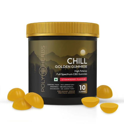 Poly Herbs Chill Golden CBD Gummies container with gummies on a white background