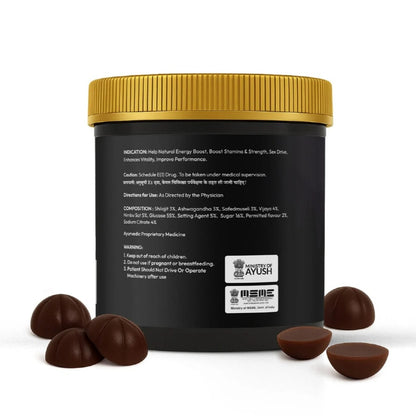 Black container with gold lid and Ayush logo, surrounded by chocolate-like CBD Gummies on a white background