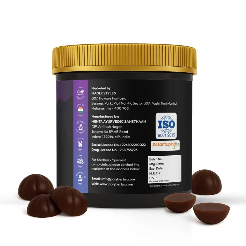 Black container with gold lid and purple label on a white background