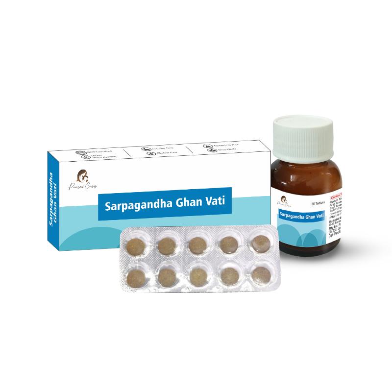 "Sarpagandha Ghan Vati product by Paarmi Cares, including a box, a blister pack of tablets, and an amber bottle with a white cap."