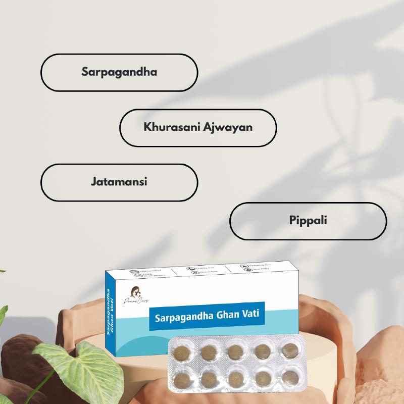 Paarmi Cares' Sarpagandha Ghan Vati box with a blister pack of tablets in front, with ingredient names in oval labels.