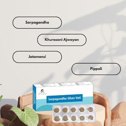 Paarmi Cares' Sarpagandha Ghan Vati box with a blister pack of tablets in front, with ingredient names in oval labels.