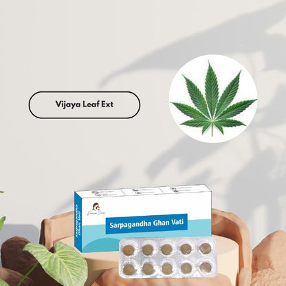 Paarmi Cares Sarpagandha Ghan Vati box and tablet blister pack with natural elements in the background. Inset of Vijaya Leaf Ext.