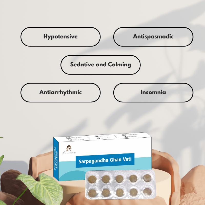 Sarpagandha Ghan Vati box with blister pack of pills in front, text bubbles listing health benefits.
