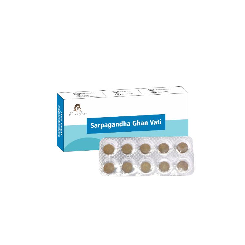 Box of Paarmi Cares Sarpagandha Ghan Vati tablets with a blister pack of ten round brown tablets in front.