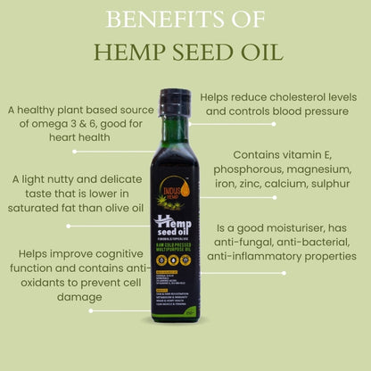 Bottle of hemp seed oil with text detailing its benefits on a green background