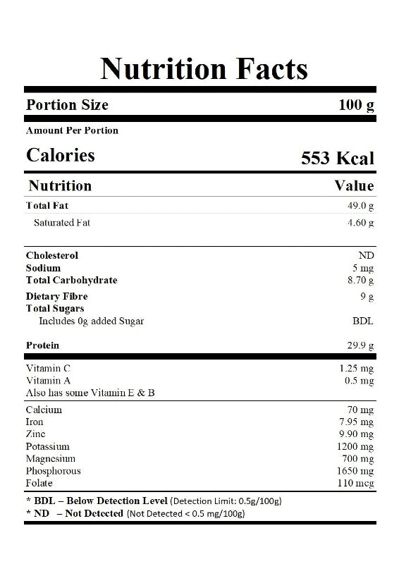 Nutrition facts label for a food product with detailed nutritional information.