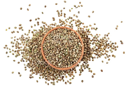 Heap of green seeds with a small bowl filled with seeds on a white background