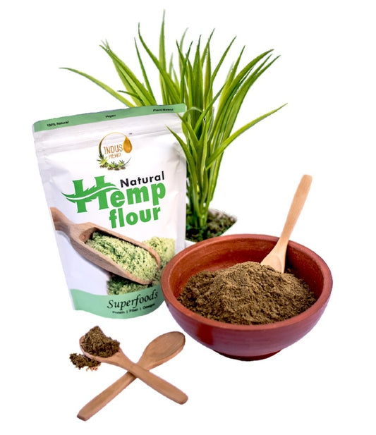 Bag of natural hemp flour, bowl with hemp powder, and plant on a white background