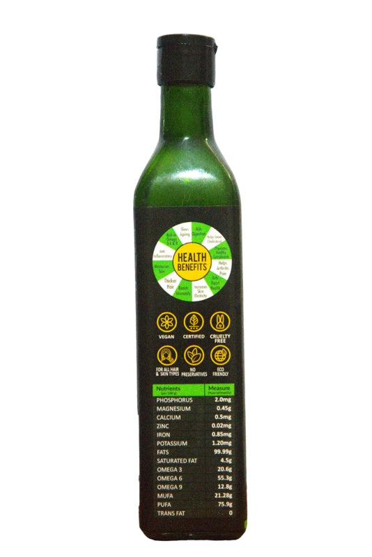 Bottle of green liquid with a label detailing health benefits and nutritional information on a white background.