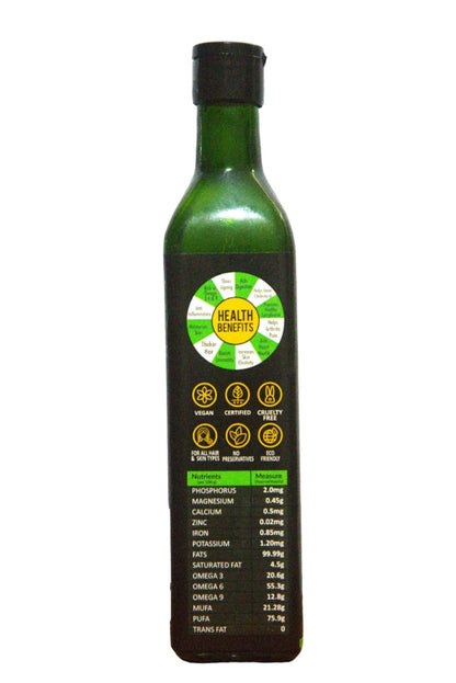Bottle of green liquid with a label detailing health benefits and nutritional information on a white background.