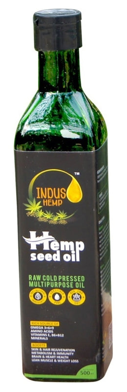 Bottle of Indus Hemp Hemp Seed Oil on a white background