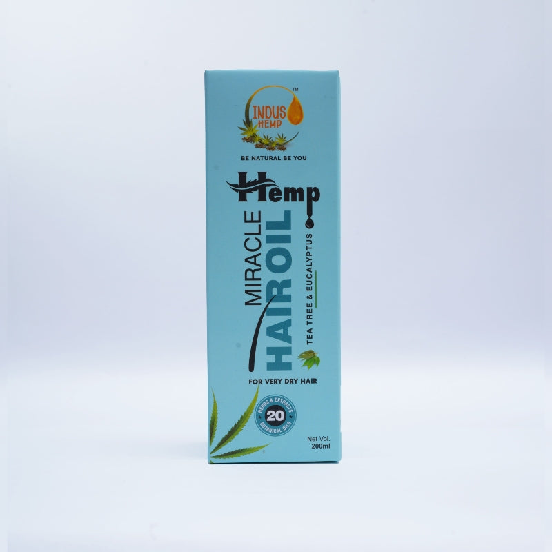 Box of Hemp Hair Oil on a light blue background