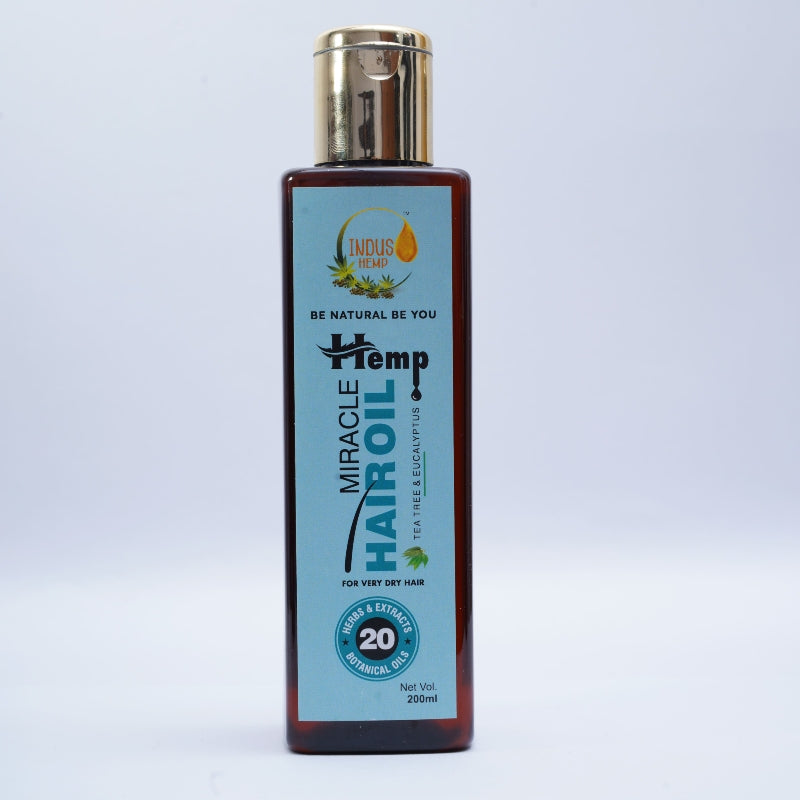 Bottle of Hemp Miracle Hair Oil with a blue label on a light gray background