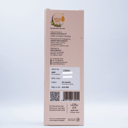 Back view of a beige Hemp product packaging with text and QR code on a light gray background