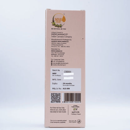 Back view of a beige Hemp product packaging with text and QR code on a light gray background