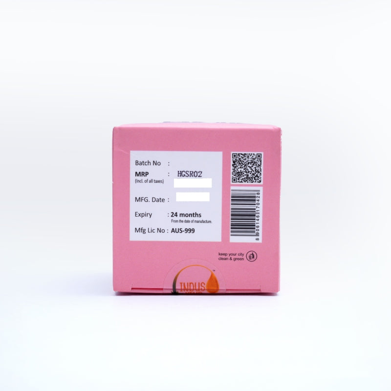 Pink box with labels and a QR code on a white background