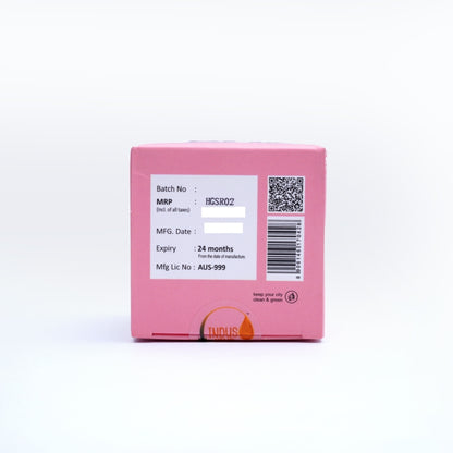 Pink box with labels and a QR code on a white background