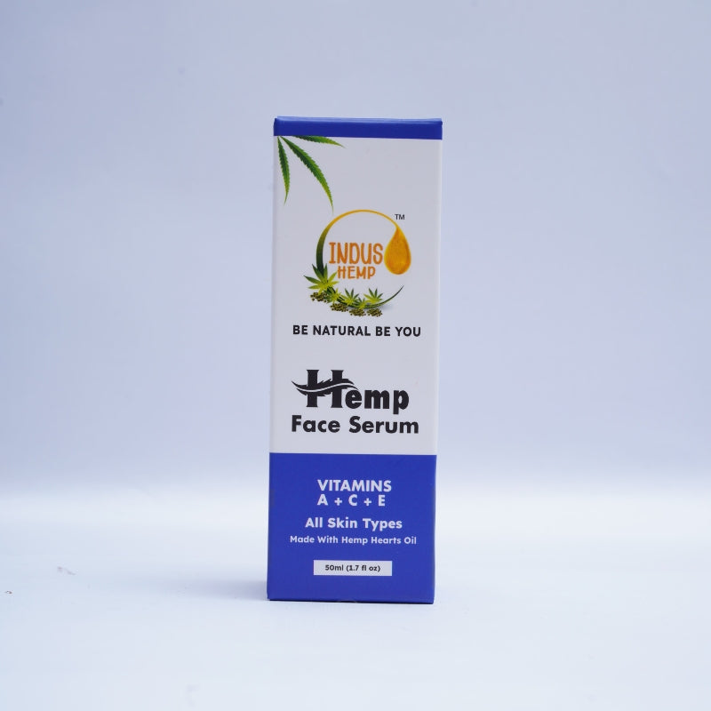 Indus Hemp Hemp Face Serum packaging on a light gray background