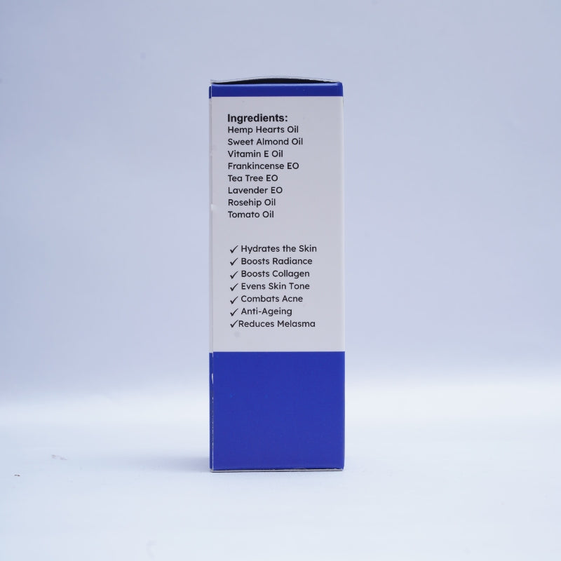 Hemp Product packaging with ingredient list and benefits on a light gray background