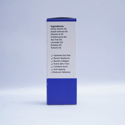 Hemp Product packaging with ingredient list and benefits on a light gray background