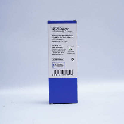 Box with blue and white design featuring text and a barcode on a light gray background