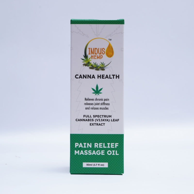 Canna Health Cnnabis pain relief massage oil packaging on a light gray background