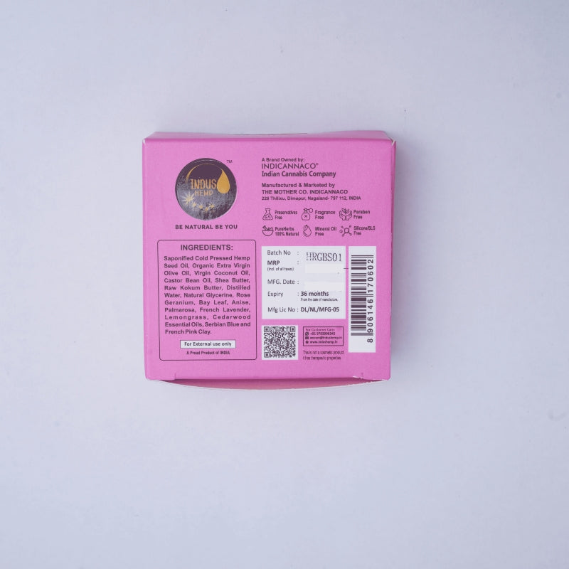 Pink Hemp soap packaging with visible branding and ingredient list on a light gray background