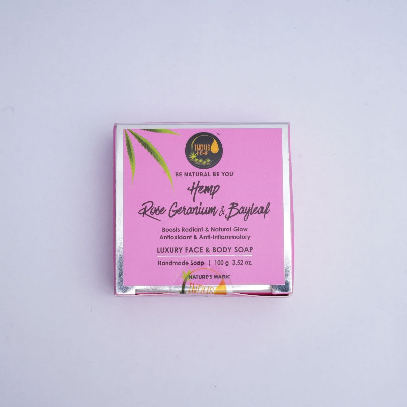 Hemp soap packaging with text on a light gray background