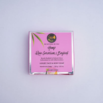 Hemp soap packaging with text on a light gray background