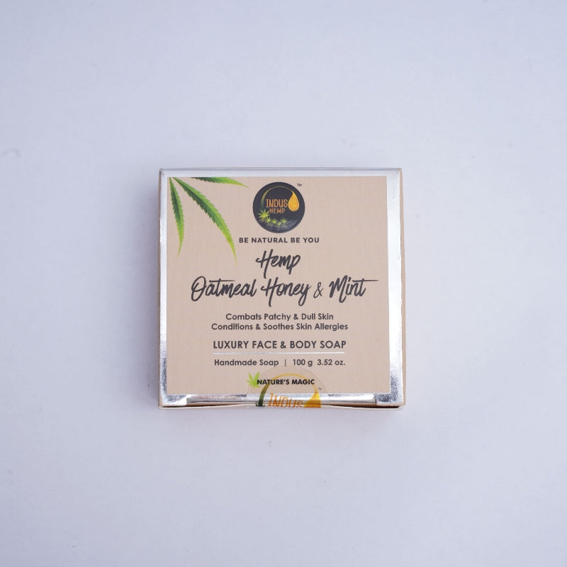 Hemp Soap bar with a cardboard packaging label on a light gray background