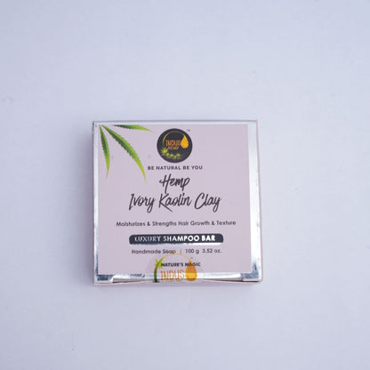 Luxury Hemp shampoo bar packaging with brand logo and text on a light gray background