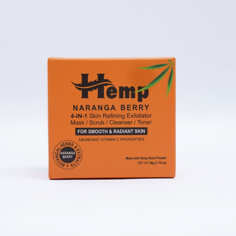 Orange box of Hemp Naranga Berry skincare product on a light gray background