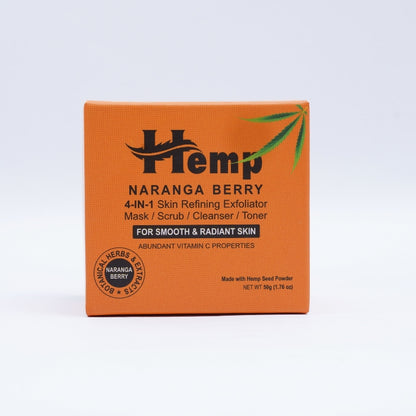 Orange box of Hemp Naranga Berry skincare product on a light gray background