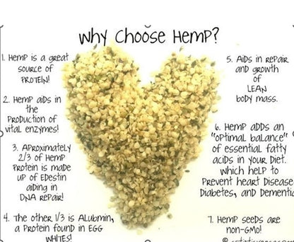 Heart-shaped pile of hemp seeds with text on why choose hemp