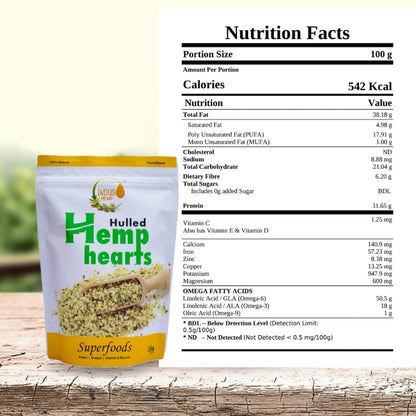 Hulled Hemp Hearts package with nutrition facts label on a wooden surface