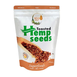 Package of toasted hemp seeds with brand logo on a white background